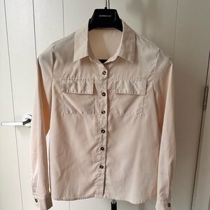Elegant Beige Utility Button-Down Blouse - Double Pocket